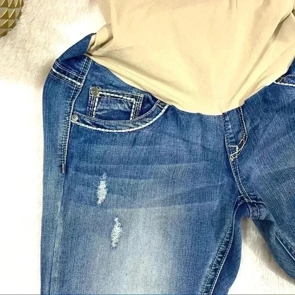 Indigo Blue Secret Fit Belly Flap Picket Stretch Western Maternity Crop Jeans L - Picture 9 of 16